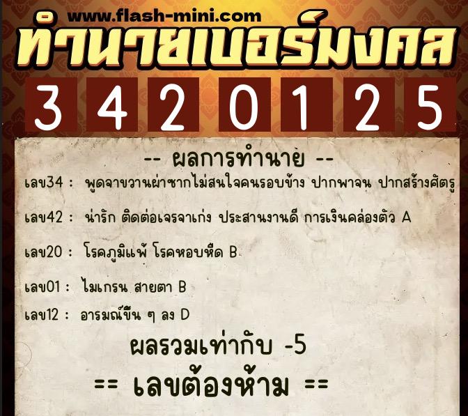 ทำนายเบอร์มงคล 0XX-3420125  ทำนายเบอร์มงคล หมายเลข 096-342012 