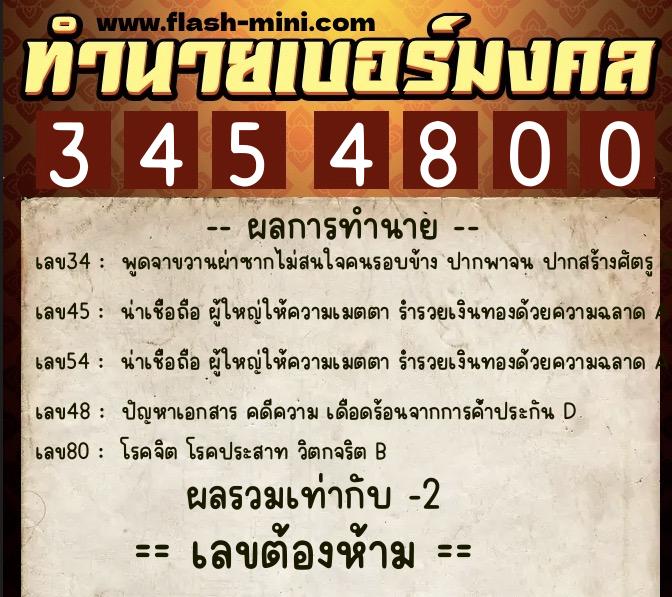 ทำนายเบอร์มงคล 0XX-3454800  ทำนายเบอร์มงคล หมายเลข 063-345480 