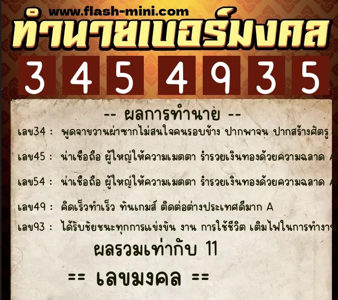 ทำนายเบอร์มงคล 0XX-3454935  ทำนายเบอร์มงคล หมายเลข 069-345493 
