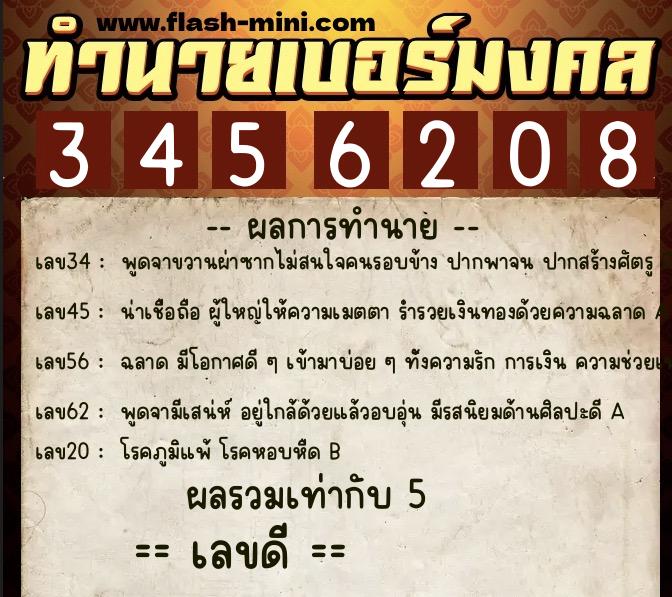 ทำนายเบอร์มงคล 0XX-3456208  ทำนายเบอร์มงคล หมายเลข 094-345620 