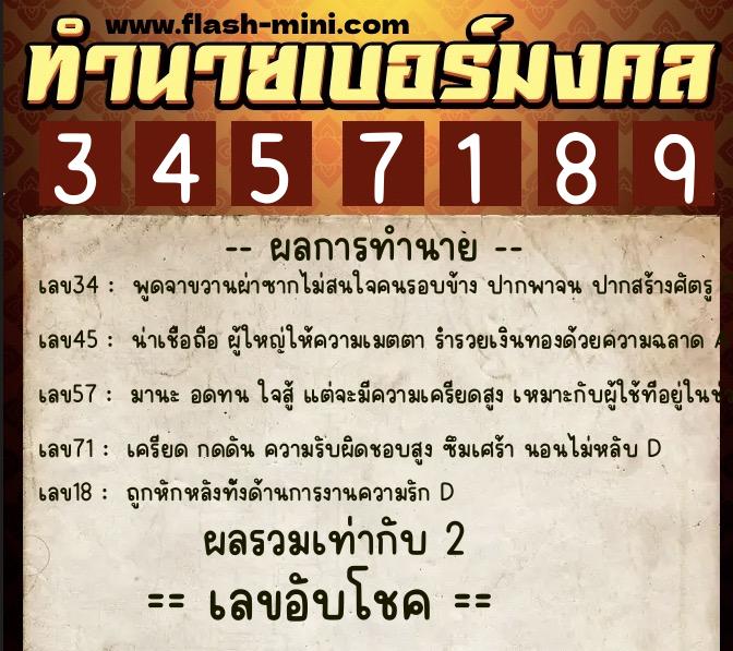 ทำนายเบอร์มงคล 0XX-3457189  ทำนายเบอร์มงคล หมายเลข 089-345718 
