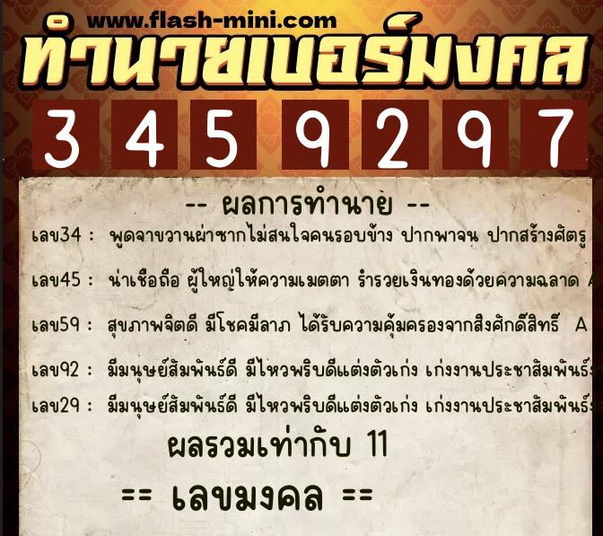 ทำนายเบอร์มงคล 0XX-3459297  ทำนายเบอร์มงคล หมายเลข 096-345929 
