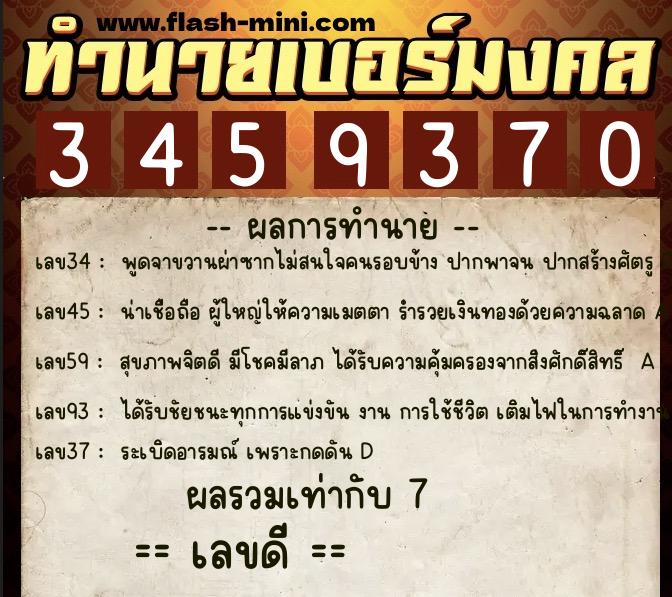 ทำนายเบอร์มงคล 0XX-3459370  ทำนายเบอร์มงคล หมายเลข 082-345937 