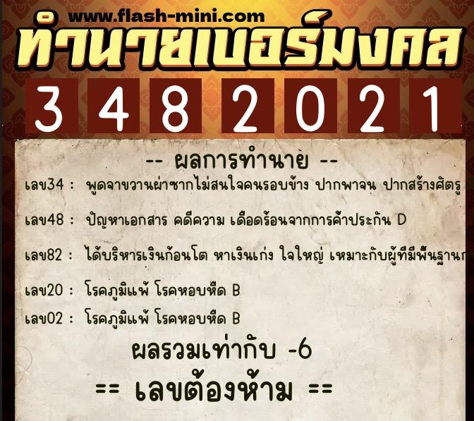 ทำนายเบอร์มงคล 0XX-3482021  ทำนายเบอร์มงคล หมายเลข 067-348202 