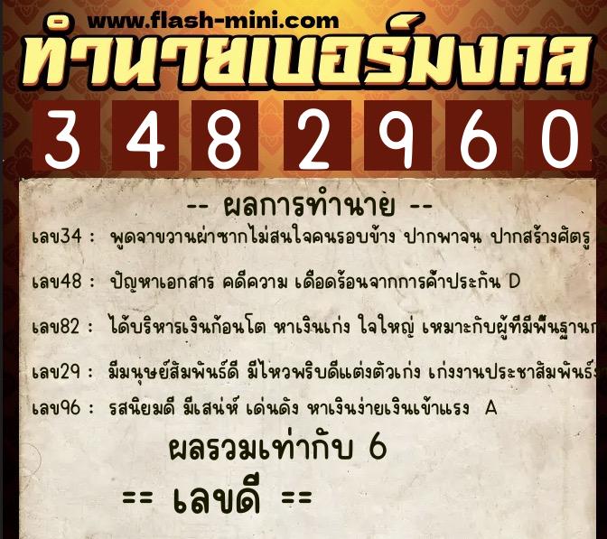 ทำนายเบอร์มงคล 0XX-3482960  ทำนายเบอร์มงคล หมายเลข 067-348296 
