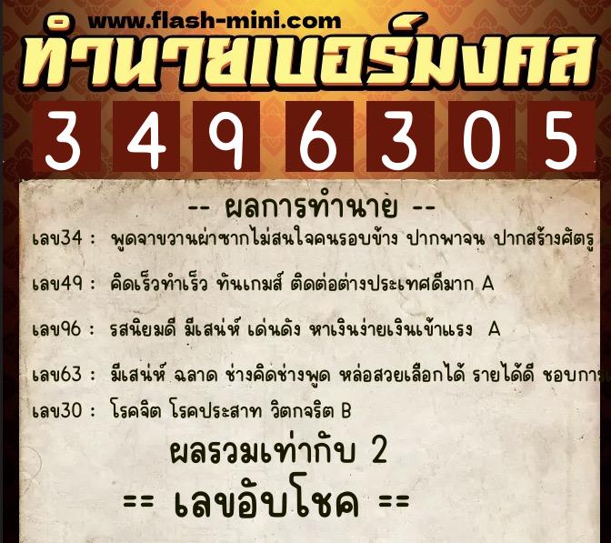 ทำนายเบอร์มงคล 0XX-3496305  ทำนายเบอร์มงคล หมายเลข 099-349630 