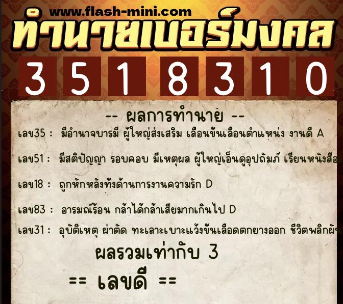 ทำนายเบอร์มงคล 0XX-3518310  ทำนายเบอร์มงคล หมายเลข 084-351831 