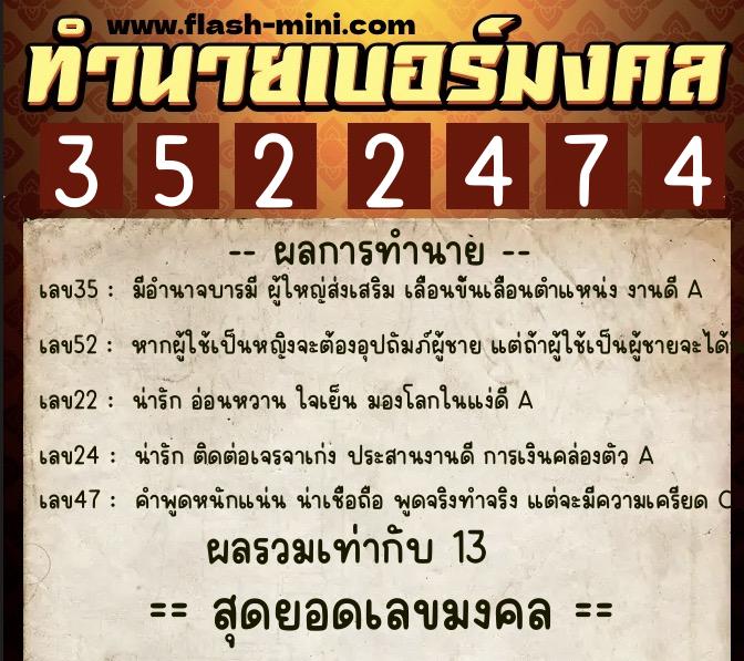 ทำนายเบอร์มงคล 0XX-3522474  ทำนายเบอร์มงคล หมายเลข 099-352247 