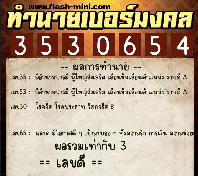 ทำนายเบอร์มงคล 0XX-3530654  ทำนายเบอร์มงคล หมายเลข 095-353065 