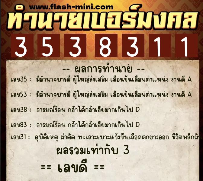ทำนายเบอร์มงคล 0XX-3538311  ทำนายเบอร์มงคล หมายเลข 096-353831 