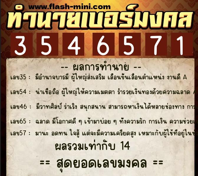 ทำนายเบอร์มงคล 0XX-3546571  ทำนายเบอร์มงคล หมายเลข 060-354657 