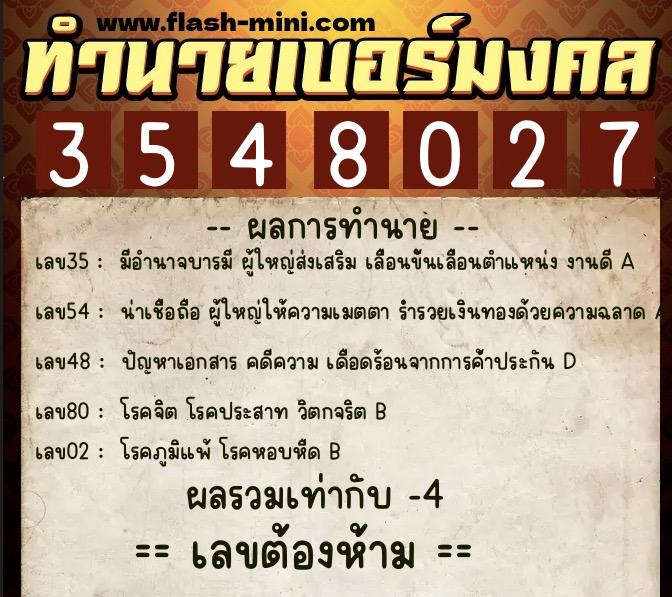 ทำนายเบอร์มงคล 0XX-3548027  ทำนายเบอร์มงคล หมายเลข 091-354802 