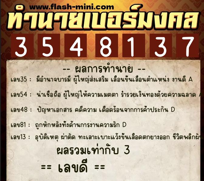 ทำนายเบอร์มงคล 0XX-3548137  ทำนายเบอร์มงคล หมายเลข 085-354813 