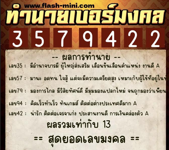 ทำนายเบอร์มงคล 0XX-3579422  ทำนายเบอร์มงคล หมายเลข 095-357942 
