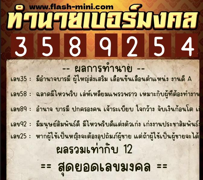 ทำนายเบอร์มงคล 0XX-3589254  ทำนายเบอร์มงคล หมายเลข 097-358925 