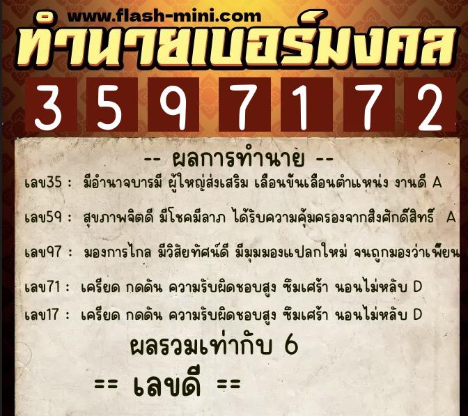 ทำนายเบอร์มงคล 0XX-3597172  ทำนายเบอร์มงคล หมายเลข 091-359717 