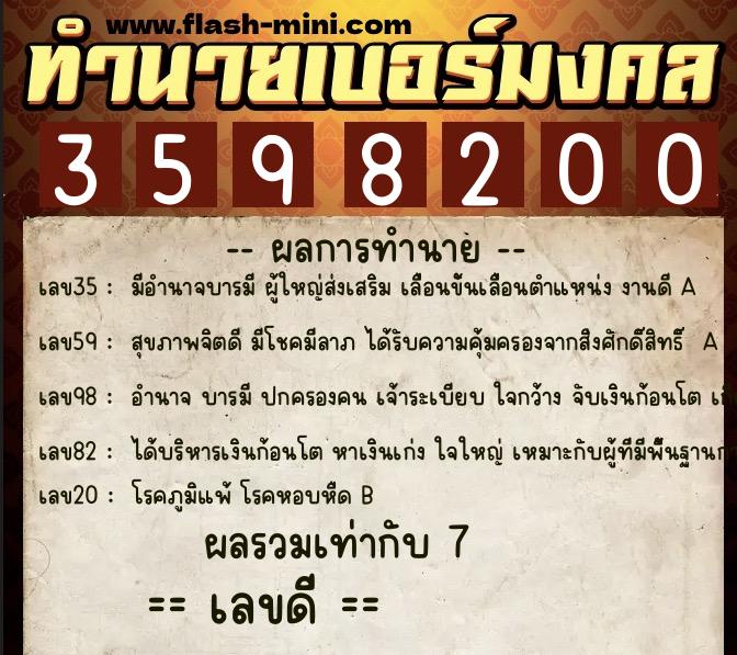 ทำนายเบอร์มงคล 0XX-3598200  ทำนายเบอร์มงคล หมายเลข 092-359820 