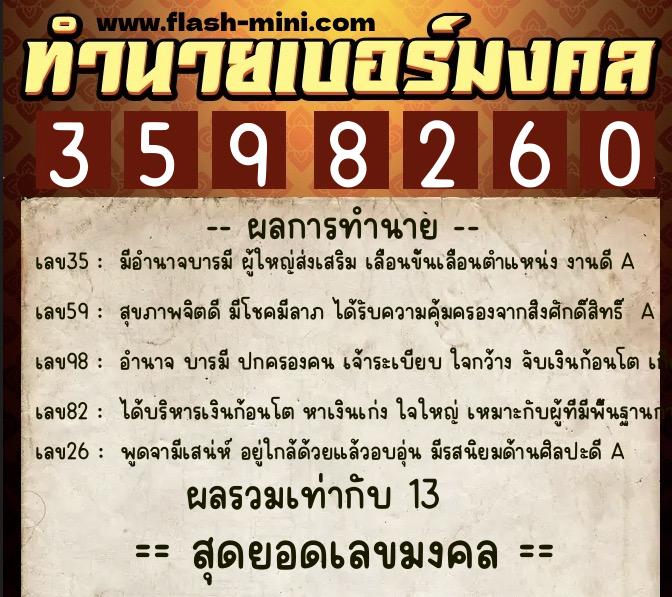 ทำนายเบอร์มงคล 0XX-3598260  ทำนายเบอร์มงคล หมายเลข 085-359826 