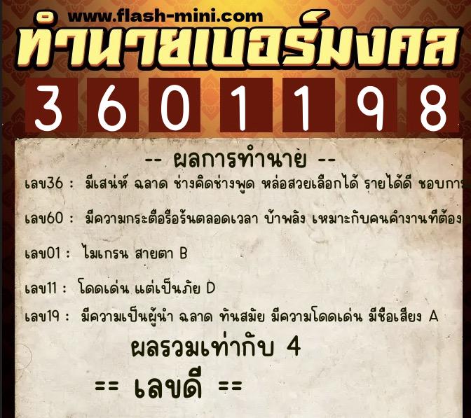 ทำนายเบอร์มงคล 0XX-3601198  ทำนายเบอร์มงคล หมายเลข 068-360119 