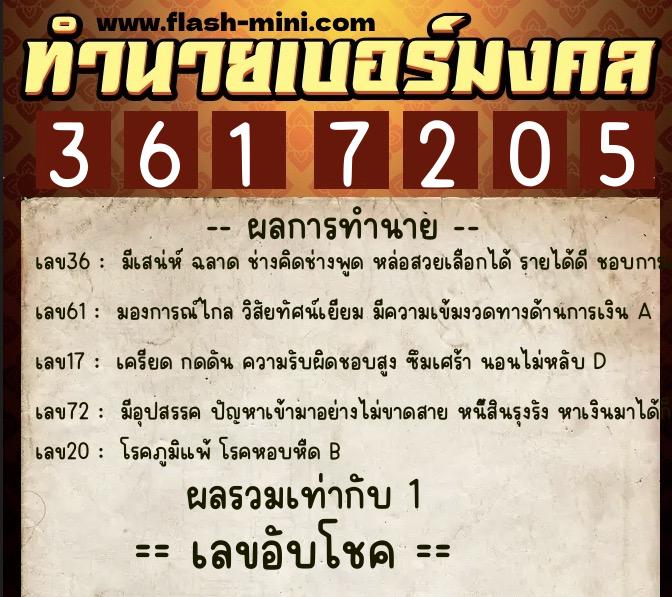 ทำนายเบอร์มงคล 0XX-3617205  ทำนายเบอร์มงคล หมายเลข 063-361720 