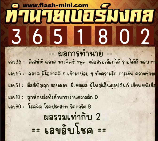 ทำนายเบอร์มงคล 0XX-3651802  ทำนายเบอร์มงคล หมายเลข 095-365180 
