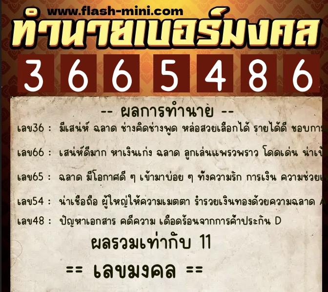 ทำนายเบอร์มงคล 0XX-3665486  ทำนายเบอร์มงคล หมายเลข 099-366548 