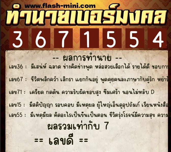 ทำนายเบอร์มงคล 0XX-3671554  ทำนายเบอร์มงคล หมายเลข 086-367155 
