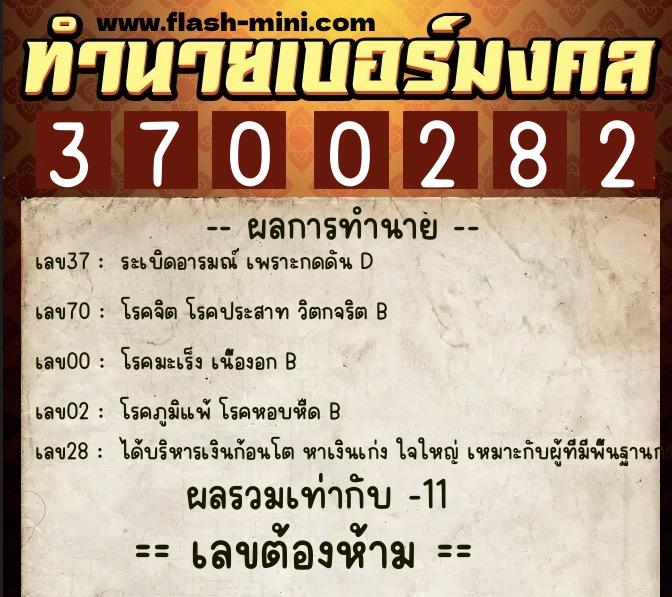ทำนายเบอร์มงคล 0XX-3700282  ทำนายเบอร์มงคล หมายเลข 060-370028 