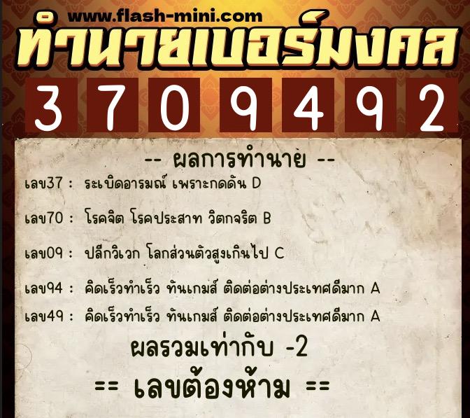 ทำนายเบอร์มงคล 0XX-3709492  ทำนายเบอร์มงคล หมายเลข 085-370949 