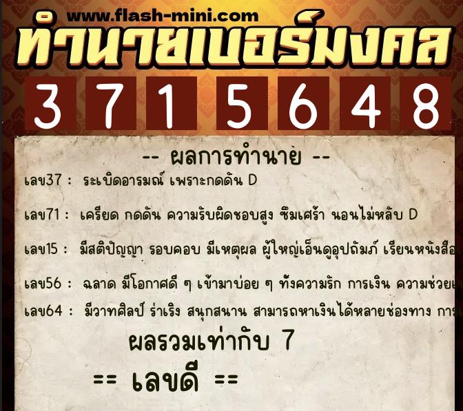 ทำนายเบอร์มงคล 0XX-3715648  ทำนายเบอร์มงคล หมายเลข 089-371564 