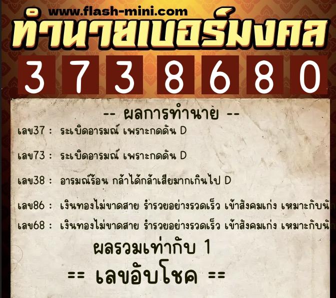 ทำนายเบอร์มงคล 0XX-3738680  ทำนายเบอร์มงคล หมายเลข 097-373868 