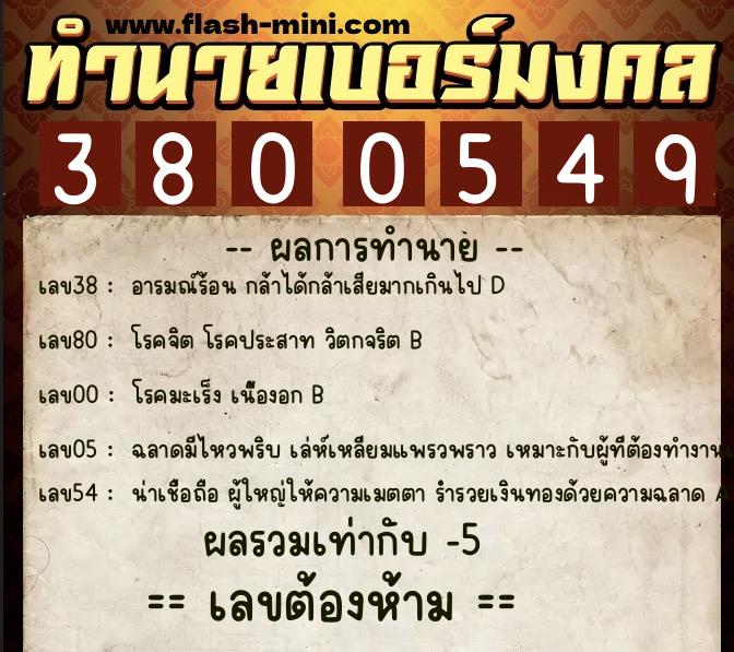 ทำนายเบอร์มงคล 0XX-3800549  ทำนายเบอร์มงคล หมายเลข 083-380054 