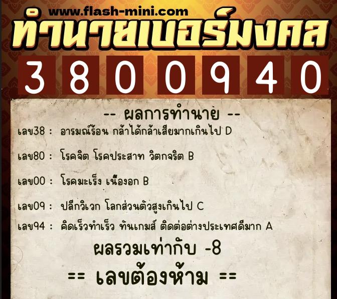 ทำนายเบอร์มงคล 0XX-3800940  ทำนายเบอร์มงคล หมายเลข 095-380094 