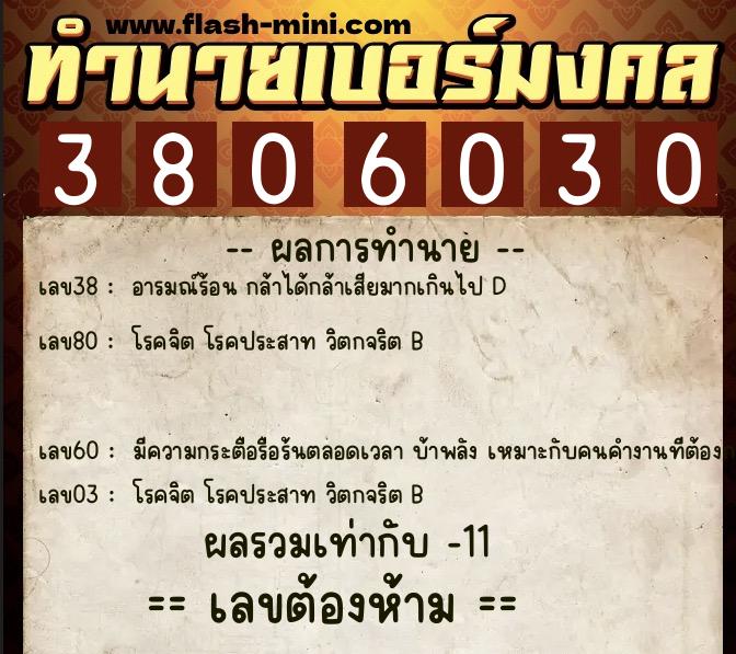 ทำนายเบอร์มงคล 0XX-3806030  ทำนายเบอร์มงคล หมายเลข 099-380603 