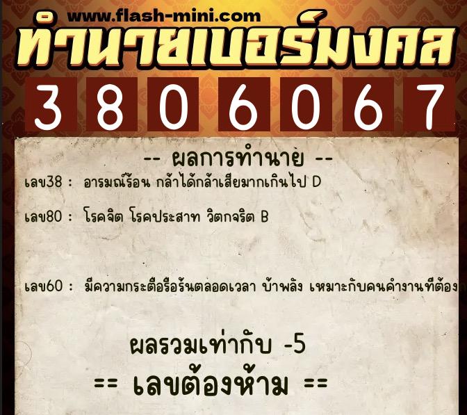 ทำนายเบอร์มงคล 0XX-3806067  ทำนายเบอร์มงคล หมายเลข 080-380606 