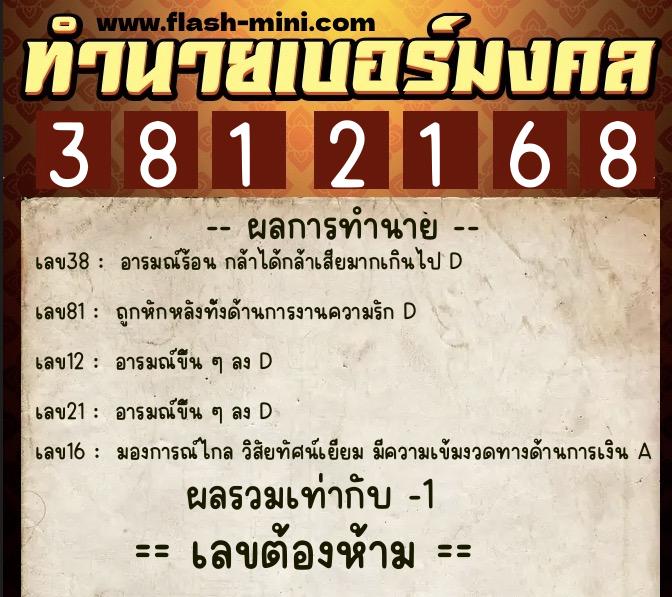 ทำนายเบอร์มงคล 0XX-3812168  ทำนายเบอร์มงคล หมายเลข 093-381216 