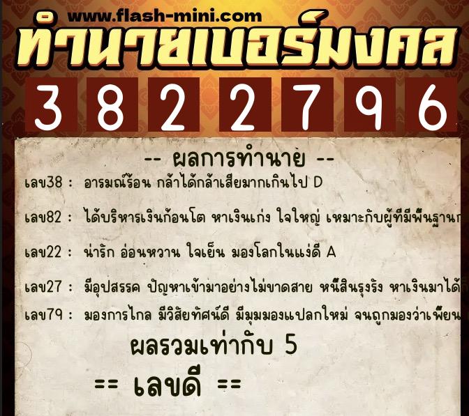 ทำนายเบอร์มงคล 0XX-3822796  ทำนายเบอร์มงคล หมายเลข 096-382279 