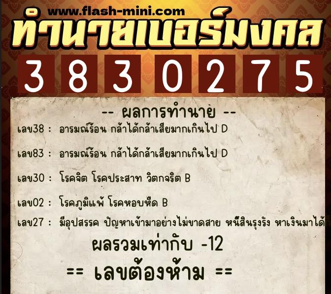 ทำนายเบอร์มงคล 0XX-3830275  ทำนายเบอร์มงคล หมายเลข 096-383027 