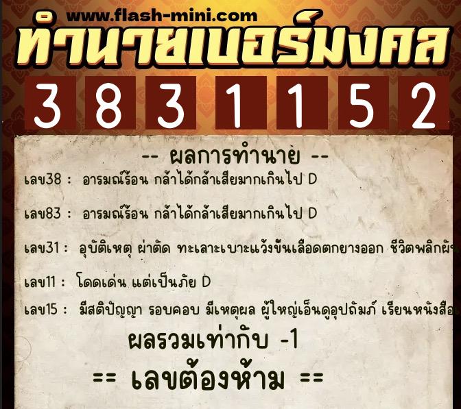 ทำนายเบอร์มงคล 0XX-3831152  ทำนายเบอร์มงคล หมายเลข 082-383115 