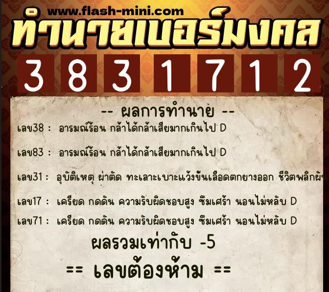 ทำนายเบอร์มงคล 0XX-3831712  ทำนายเบอร์มงคล หมายเลข 062-383171 