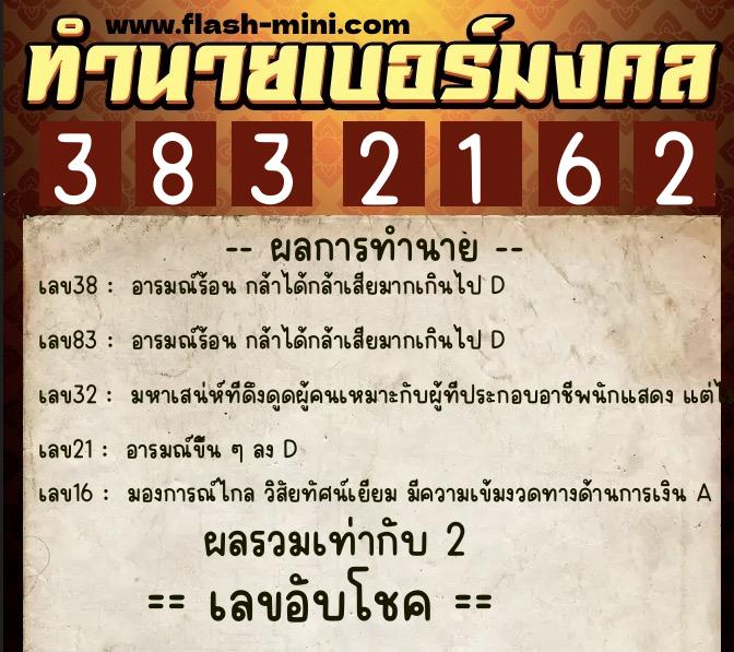 ทำนายเบอร์มงคล 0XX-3832162  ทำนายเบอร์มงคล หมายเลข 092-383216 