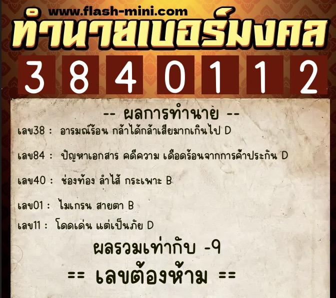 ทำนายเบอร์มงคล 0XX-3840112  ทำนายเบอร์มงคล หมายเลข 066-384011 