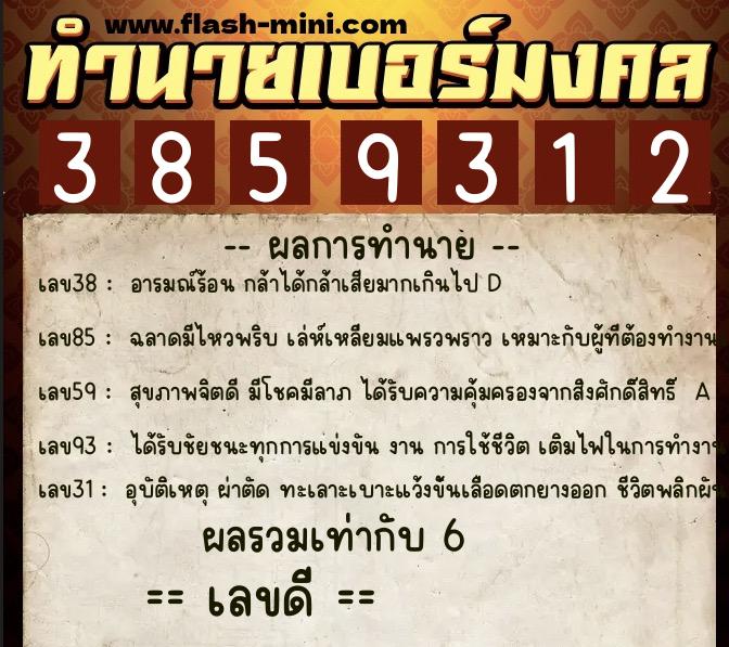 ทำนายเบอร์มงคล 0XX-3859312  ทำนายเบอร์มงคล หมายเลข 095-385931 