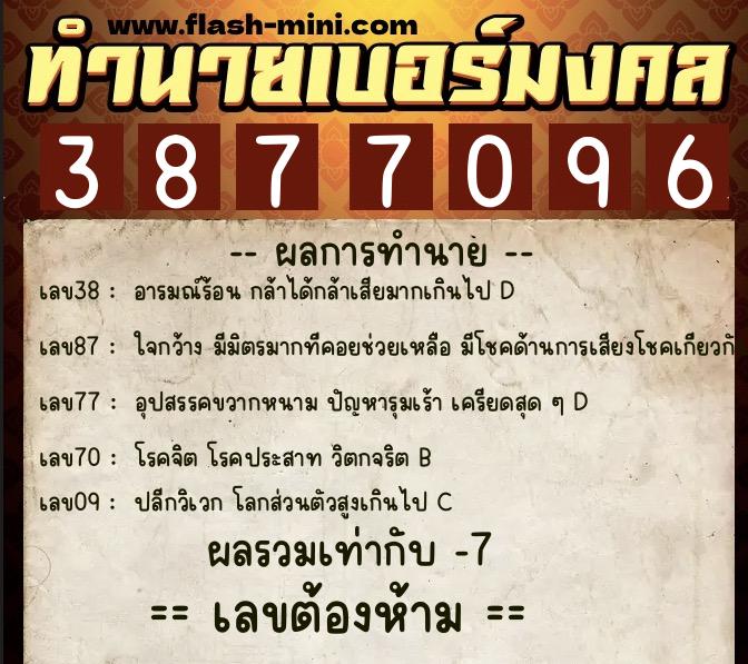 ทำนายเบอร์มงคล 0XX-3877096  ทำนายเบอร์มงคล หมายเลข 082-387709 