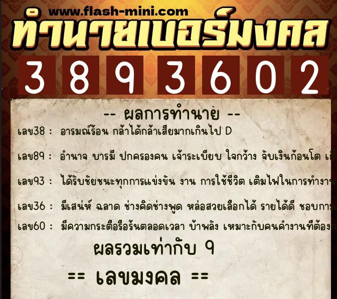 ทำนายเบอร์มงคล 0XX-3893602  ทำนายเบอร์มงคล หมายเลข 084-389360 