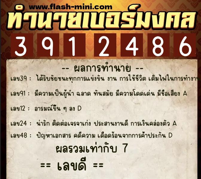 ทำนายเบอร์มงคล 0XX-3912486  ทำนายเบอร์มงคล หมายเลข 080-391248 