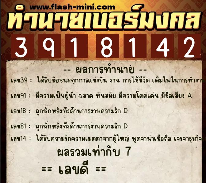 ทำนายเบอร์มงคล 0XX-3918142  ทำนายเบอร์มงคล หมายเลข 085-391814 