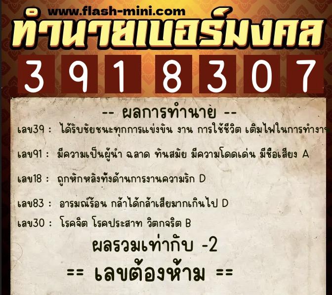 ทำนายเบอร์มงคล 0XX-3918307  ทำนายเบอร์มงคล หมายเลข 067-391830 