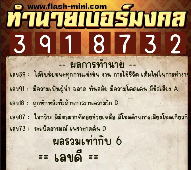 ทำนายเบอร์มงคล 0XX-3918732  ทำนายเบอร์มงคล หมายเลข 066-391873 