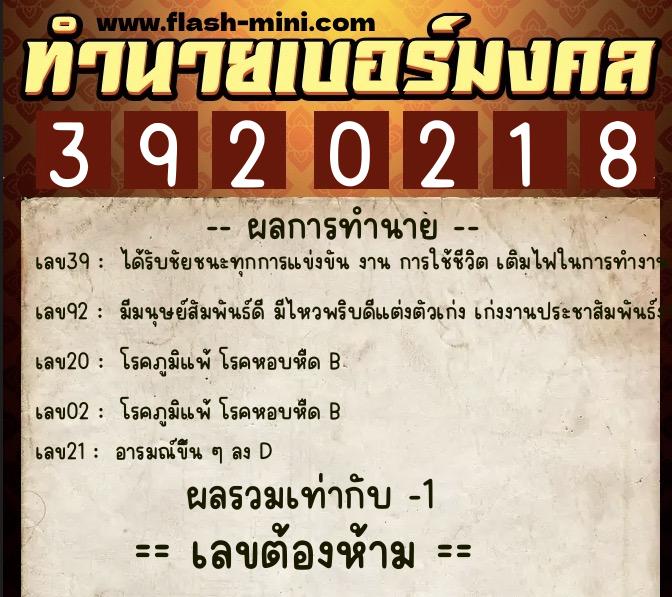 ทำนายเบอร์มงคล 0XX-3920218 ทำนายเบอร์มงคล หมายเลข 069-392021 ทำนายเบอร์มงคล 0XX-3920218 ทำนายเบอร์มงคล หมายเลข 069-392021